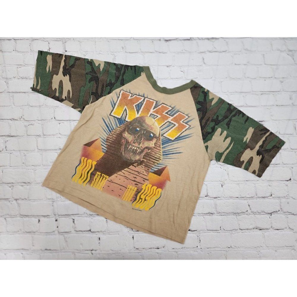 ULTRA RARE Kiss Band T Shirt Raglan Baseball 1990 CAMO Hot In The Shade VINTAGE